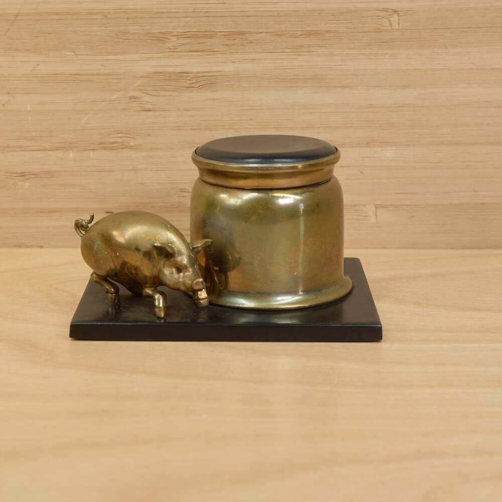 Vintage 30s Art Deco Brass Inkwell with Figural Pig / Rare